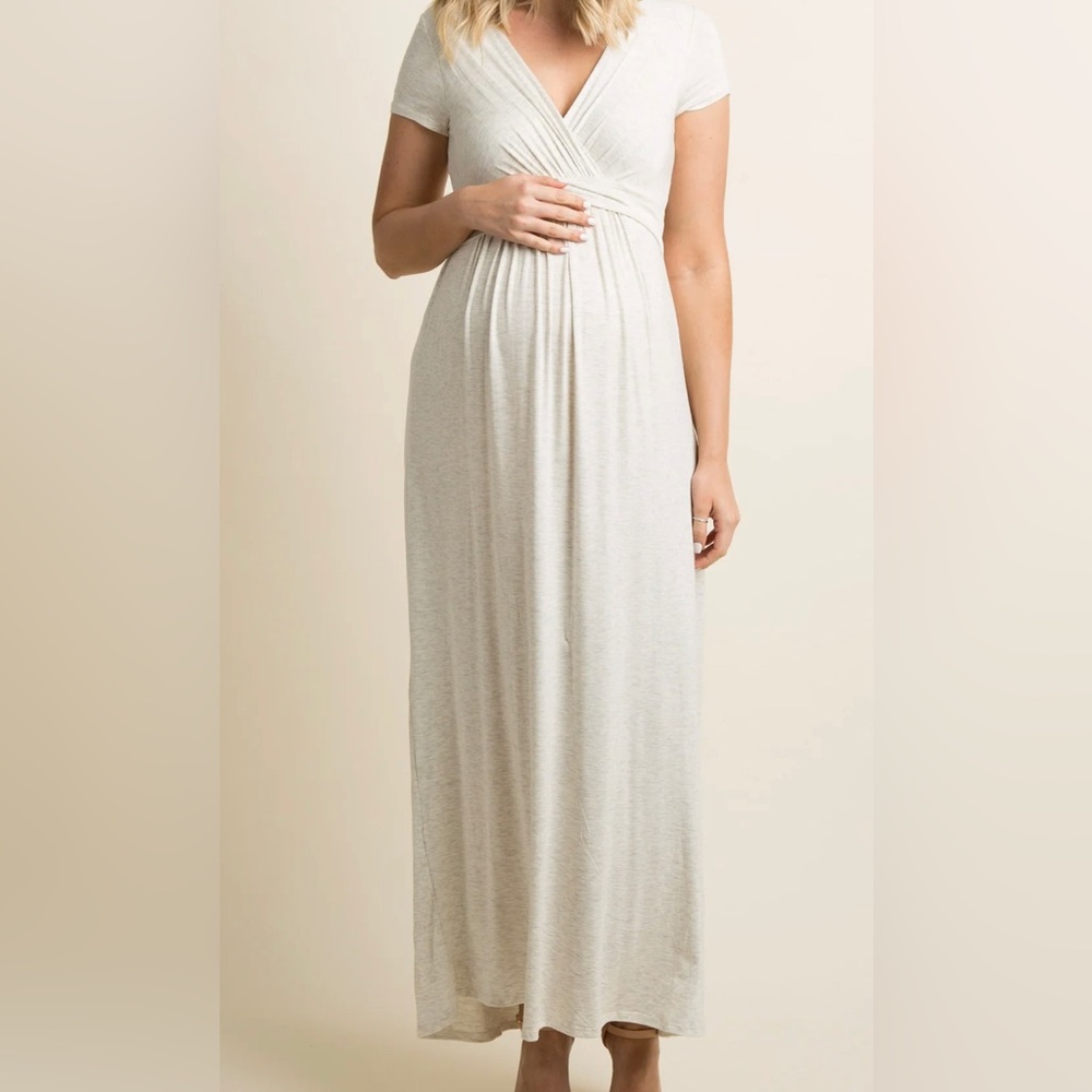 Pinkblush beige/gray draped maternity and nursing maxi dress